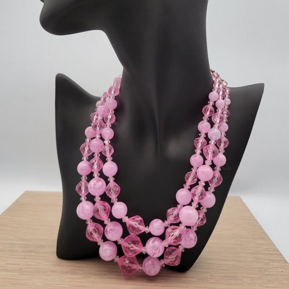Pink Three-Strand Beaded Necklace with Hook Clasp - Picture 1 of 7